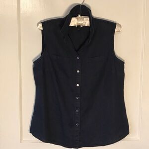 Talbots Navy Sleeveless Button-Down Shirt 100% Linen size Medium petite